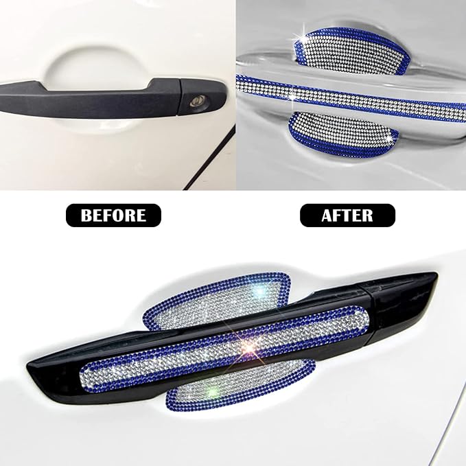 kingsea 8pcs Bling Car Door Handle Protector Stickers,Crystal Rhinestone Glitter Car Door Handles Cup Scratch Protectors Decals Universal (White & Blue)