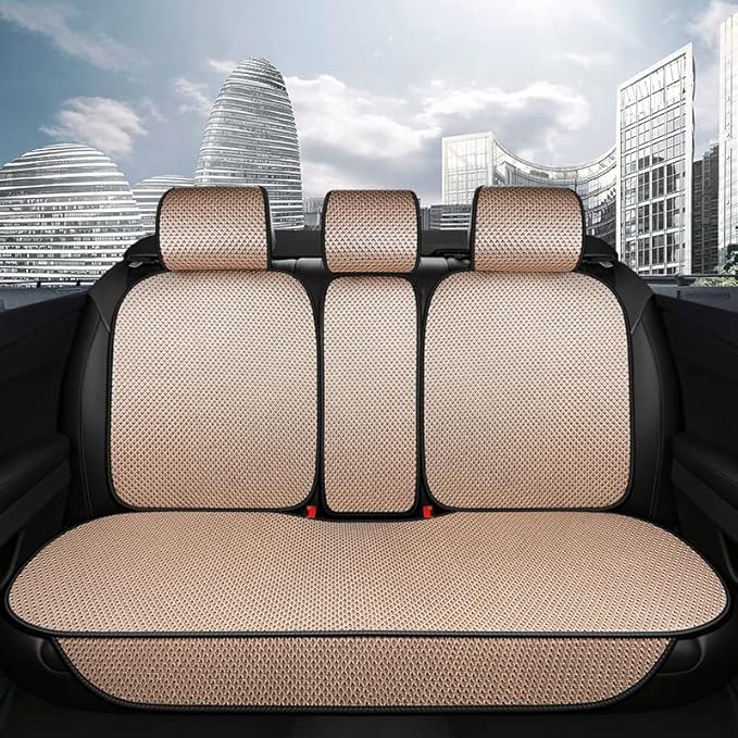 Auto Newer 5 Seats Luxury Breathable Car Seat Cover Full Set Fit Four Seasons of Universal Automotive Vehicle Cushion Cover Compatible with 90% Cars,SUV,Trucks(Full Set Gold Beige)