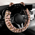 Dotesy 3D Ear Furry Cheetah Car Steering Wheel Cover Set Fluffy Faux Wool Steering Wheel Protector Leopard Anti-Slip Soft Warm Car Accessories for Women (Pink Brown)