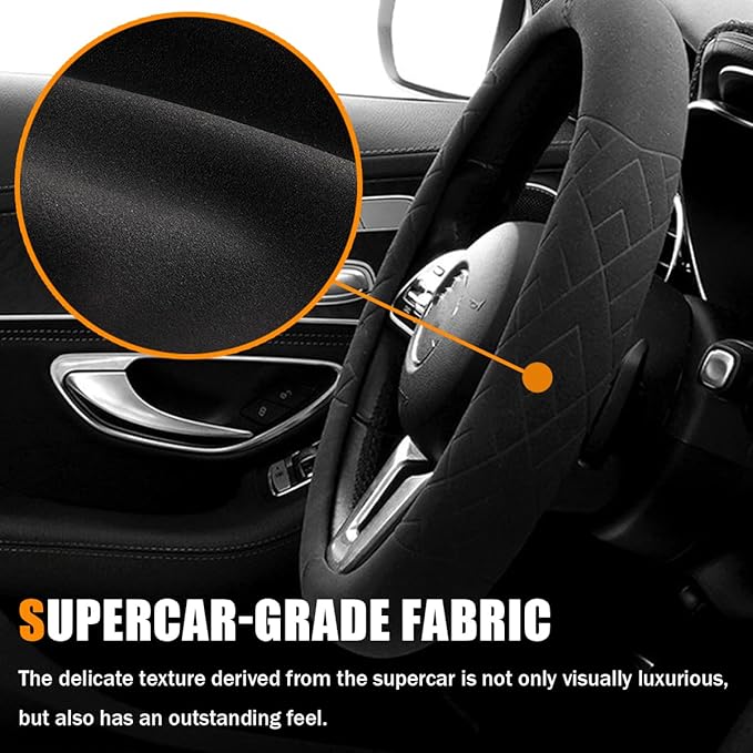 Car Suede Steering Wheel Cover, Non-Slip Protector for Auto Steering Wheel with Grid of The Correction Marker, Breathable Universal Automotive Accessories, Fitting 14.5-15 inch