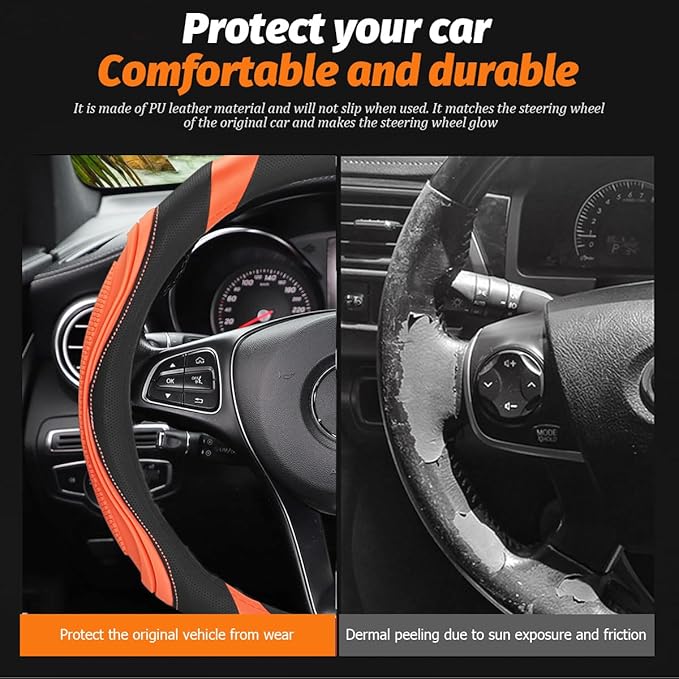 15 Inch Car Leather Steering Wheel Cover, Automotive Accessories Elastic Breathable Anti-Slip Soft Wheel Protector Fits Men and Women, Suitable for SUVs, Trucks, Vehicles and RVs (Orange)
