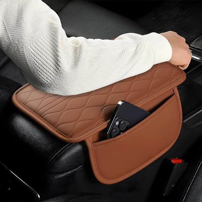 HZEL Car Center Console Cover, Scratch & Wear Resistant Soft Leather Vehicle Armrest Seat Box Cushion Pad with 2 Storage Bag, Waterproof Automotive Interior Protector, Universal Fit (Yellow)