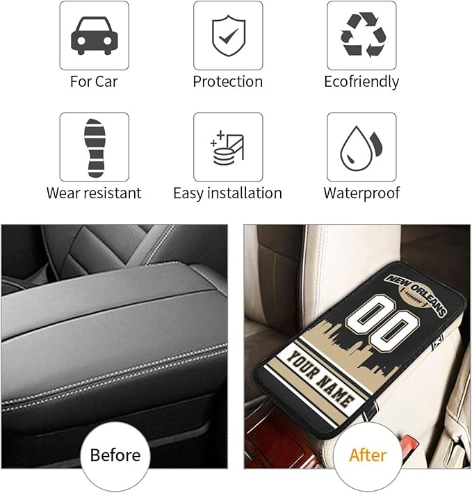 Custom New Orleans Car Armrest Covers Personalized Football Style with Name Number Customized Auto Center Console Pad Car Handrail Box Cushion for Most Vehicle Decor Accessories, Fans Gift