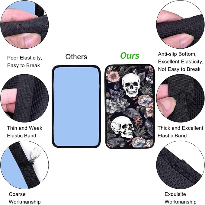 JANENFNA Car Armrest Cover Pads Universal Fashion Cute Auto Center Console Armrest Cover Pad with 2PCS Car Coasters Soft Waterproof Car Armrest Seat Protector for Women,Skulls Flowers