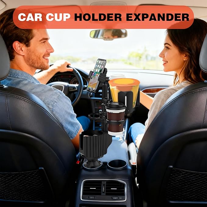 Car Cup Holder Expander， 5in1 Cupholder Expande with 2.3" to 3.6",Cup Holder Tray for Car Detachable with Large Food Tray Phone Mount, for Travel Auto Trucker Road Trip Essentials