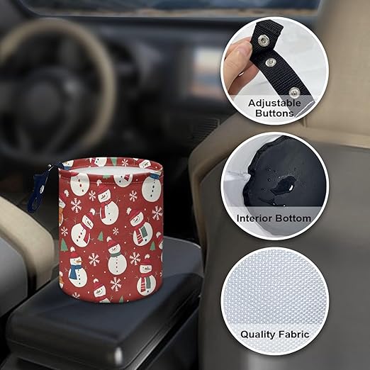 Christmas Snowman Car Trash Bag Waste Basket with Adjustable Buttons Collapsible Car Storage Bag Multipurpose Road Trip Essentials for Outdoor Activities