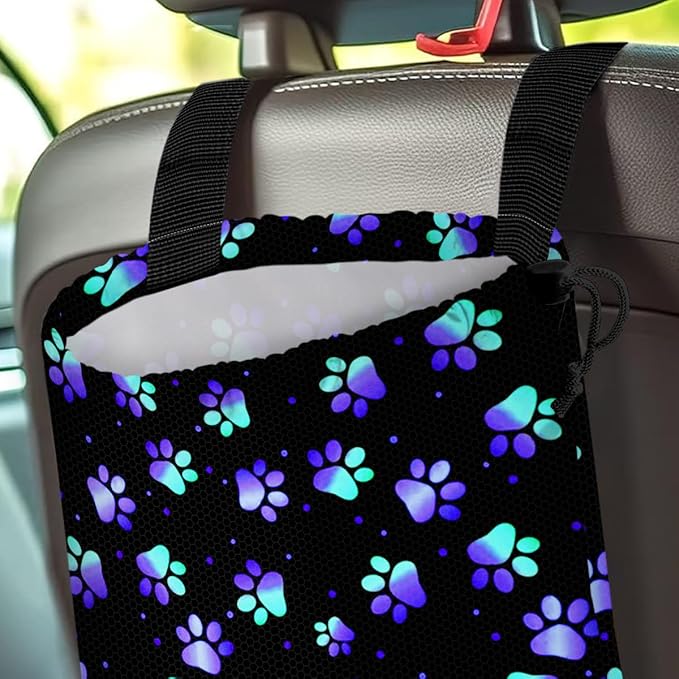 GEGEPINK Car Trash Bag Hanging Back of Seat Waterproof Small Cute Printed One-handed Strap Drawstring Garbage Bags for Car-Paw Print