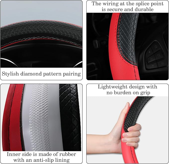 Black & Red Car Steering Wheel Cover, Microfiber, Leather Patchwork, Universal 14.5-15 Inch Leather Anti-Slip Breathable Auto Steering Wheel Covers for Men Women