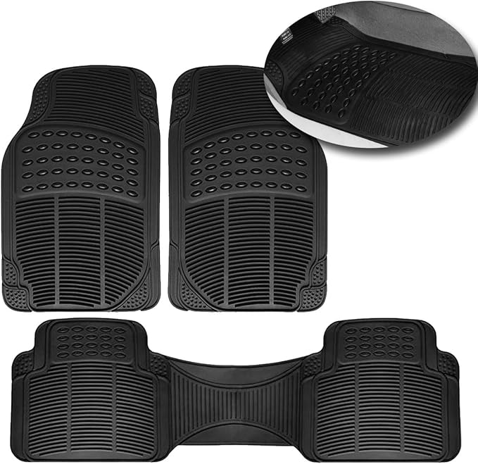 VaygWay Universal 3 Piece Heavy Duty Front and Rear Black Rubber Floor Mats - Premium Quality Trimmable Universal Fit All Weather Protection Floor Mats for Car Van SUV Truck
