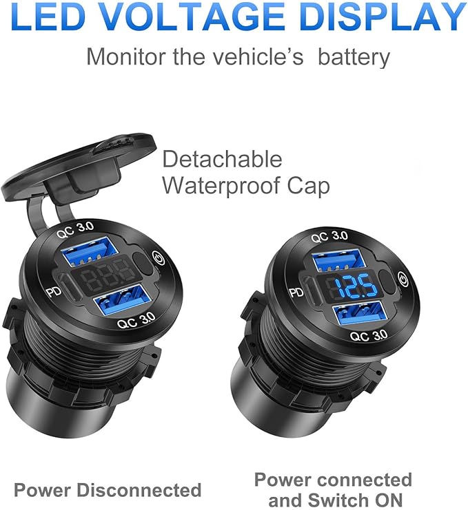12V USB Outlet Wire Aluminum Car Charger Multi Port, Dual USB Quick Charge 3.0 Port and PD USB C Socket with Voltmeter Switch for Car Boat Marine Truck RV, Fast Charge for iPhone iPad Android Phones