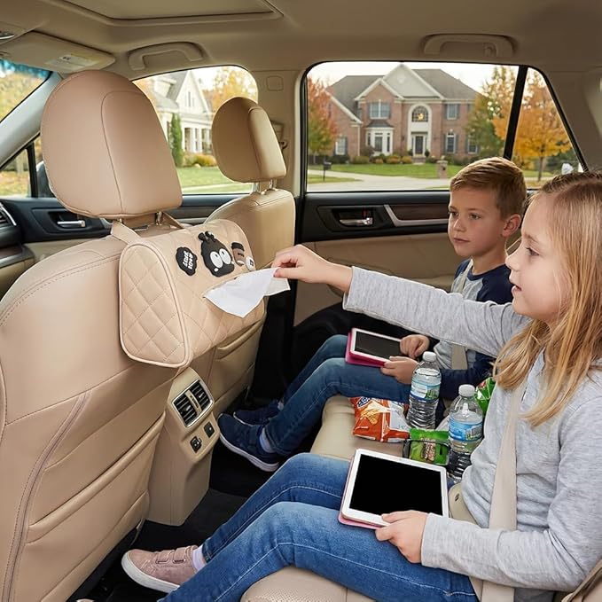 UNICOLD Tissue Boxes Holder Car Sun Visor or Vehicle Backseat Tissue Holder Car Napkin Holder for PU Leather Universal Car Paper Towel Holder Tissue Organizer Bag (Beige1)