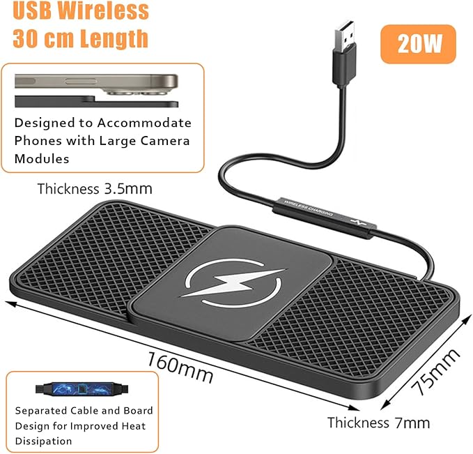 Wireless Car Phone Charger for Buick Encore Envision Enclave, Type C/USB 20W Fast Charging Pad, Non-Slip Charging Station for Travel Home Office Desk, Lightweight, USB