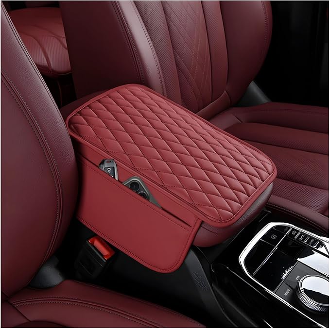 Car Center Console Cover, Waterproof Leather Arm Rest Cushion Pad with 2 Storage Bags, Anti-Scratch Armrest Seat Box Protector Interior Accessories for Most Vehicles (Red)