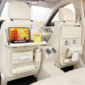 Universal Premium Leather Foldable Car Backseat Organizer with Table Tray, Car Seat Back Protector with Garbage Bag Touch Screen Pad Holder, Car Kick Mats Protector with Tissue Holder (Beige)