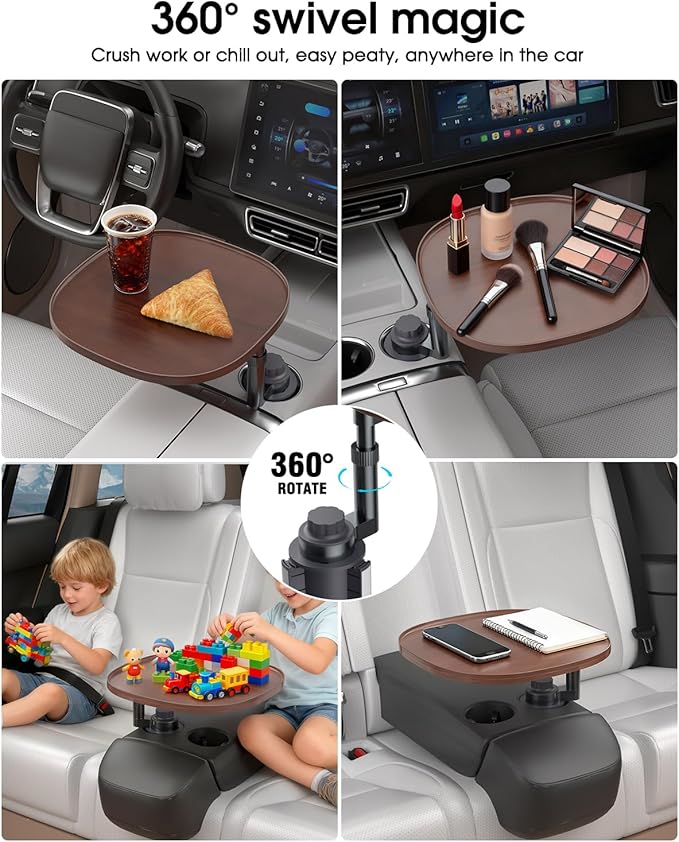 Car Desk for Laptop with 360° Swivel, Height-Adjustable Car Tray Table - Wooden Car Laptop Mount & Cup Holder Table, Universal Car Food Tray for Most Vehicles