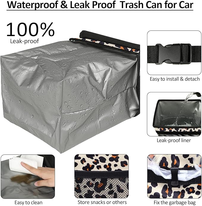 ELONGRIVER Car Trash Can Bin for Back Seat Leak Proof, Cute Car Trash Bag Hanging, Vehicle Trash Can for SUV Truck Van, Automotive Garbage Cans Front Seat Leopard Print, 2 Gallons