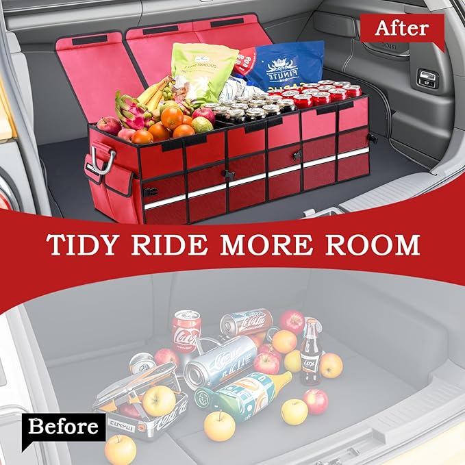 Heavy-Duty Extra Large 100L Premium Foldable Car Trunk Organizer with Lid + 26L Cooler Bag, Waterproof Robust Durable 1680D Oxford & Multi-Compartment Collapsible for SUV, Truck, Van, Sedan (Red)