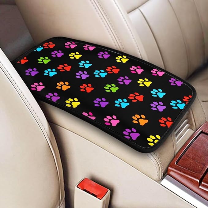 Dog Paw 2 Pcs Car Front Seat Armrest Covers Colorful Paws Cloth Arm Rest Protectors Padding Center Console Lid Black Arm Rest Cover Universal Accessories for SUV Truck Van
