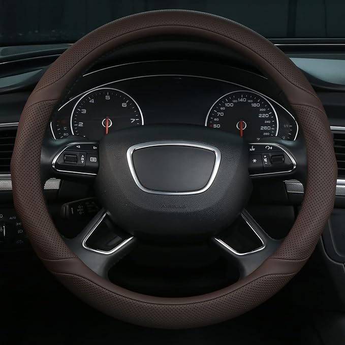 ALEMODR Brown Leather Steering Wheel Cover Universal 15 inch