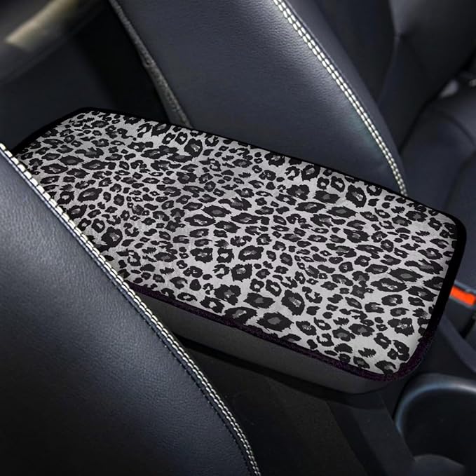 Sliver Gray Leopard Print Car Center Console Cover for Women Men,Fashion Car Arm Rest Cover Pad