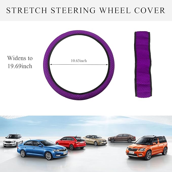 Elastic Steering Wheel Cover, 15"×15" Comfy Breathable Stretch Steering Wheel Protector, Ice-Silk Cloth Polyester Steering Wheel Cover for Men Women, Car Accessories (Dark Purple)