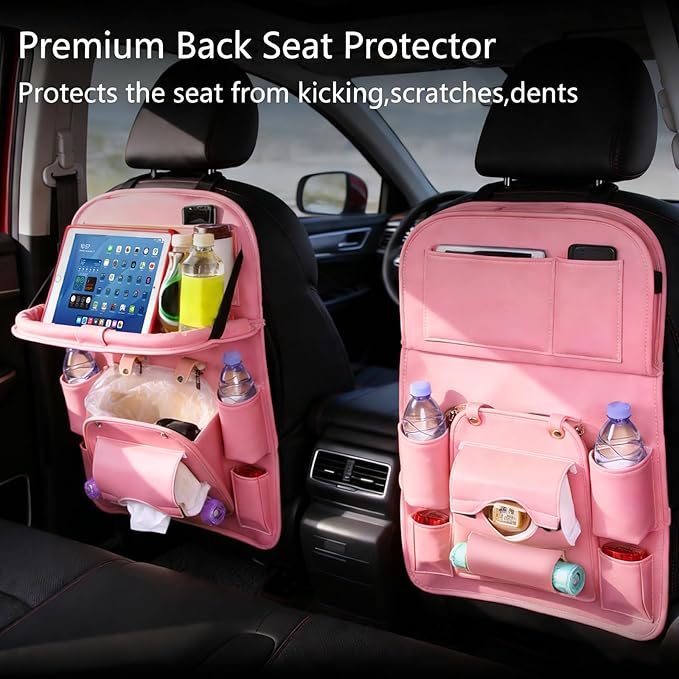 Car Seat Organizer, Multifunctional Backseat Protector Mat, Storage Bag and Tray Rack, Trash Storage (Suitable for Cars, Children, Back of Seats, and Rear Seats) (Pink, Leather 1-Piece Set)