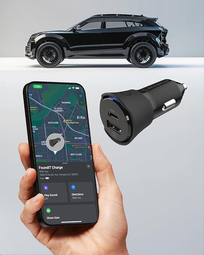 Scosche FoundIT Charge 32W Car Charger, Multi-Port Cigarette Lighter Adapter with 20W USB-C Fast Charging & 12W USB-A Port, Built-in Locator Compatible with Apple Find My & Android Find Hub