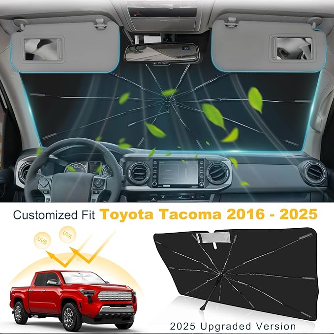 2025 Upgrade Windshield Sun Shade Umbrella Custom Fit for Toyota Tacoma 2016-2024 2025 Foldable UV Protection Car Cover, Emergency Rain Shield & Dashboard Protector - Durable Auto Accessory