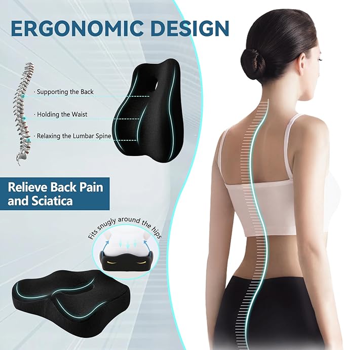 JIPORIER Seat Cushion & Lumbar Support Pillow Set for Office Chair, Ergonomic Pillow for Sciatica Pain Relief, Memory Foam Back Support Pillow & Chair Cushion for Car seat, Desk Chair (Black)