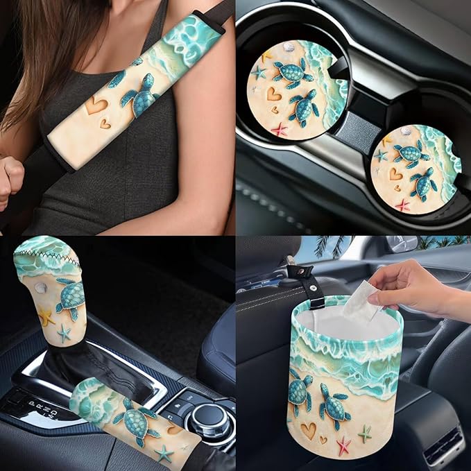 Dngkaoje Beach Sea Turtle Car Seat Covers Front Rear Full Set Steering Wheel Cover Seat Belt Pads Waste Bin Armrest Pad Cup Holders Handbrake Cover Full Set 13 Pcs Car Accessories Seat Protector