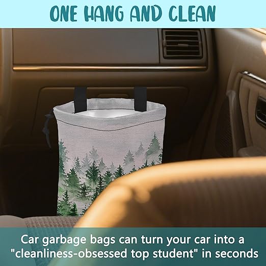 KXWQTRDD Car Trash Bag Foggy Forest Hanging Drawstring Car Organizer and Storage Bag with Adjustable Buckle Canvas Garbage Bin for Back Seat or Hanging Headrest Car Decor Road Trip Essentials