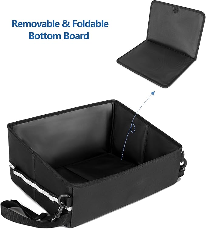Under Seat Storage Fit for SuperCrew Cab, Foldable Truck Organizers and Storage Box Under Rear Seat For Single Seat with Removable Bottom Plate, 2 Side Handles and Hook Snap Fix Strap, Black