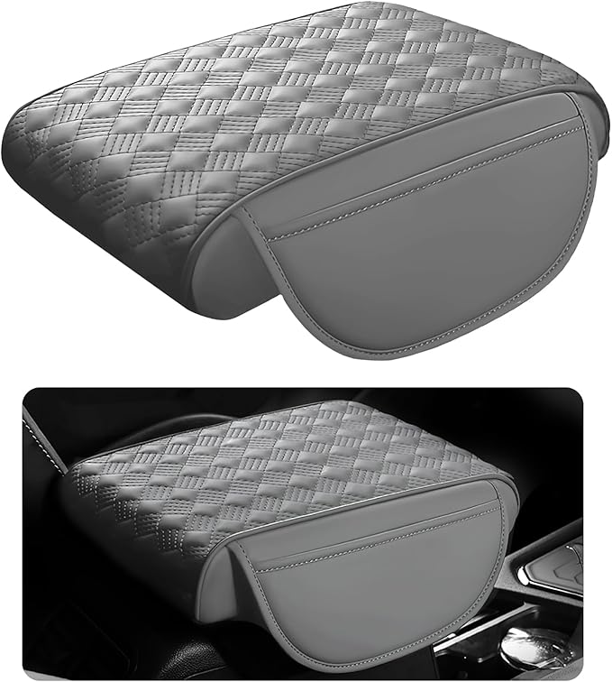 Hbxdeco Car Armrest Cushion, 12.2"×8.3" Leather Auto Memory Foam Center Console Pad with Storage Pocket, Waterproof & Anti-Scratch Elbow Pillow Armrest Seat Box Protector, Universal Fit (Gray)