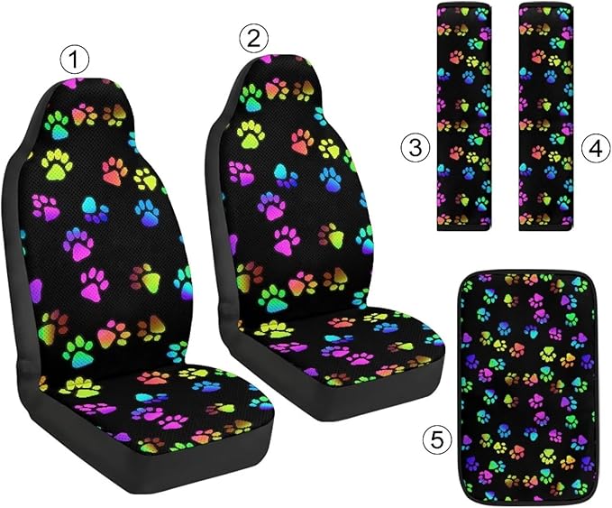 Qeluxign 5 Piece Car Seat Covers Set for Women Men Rainbow Paw Print PU Leather Seat Covers Belt Pads and Armrest Cover Universal Fit Car Accessories