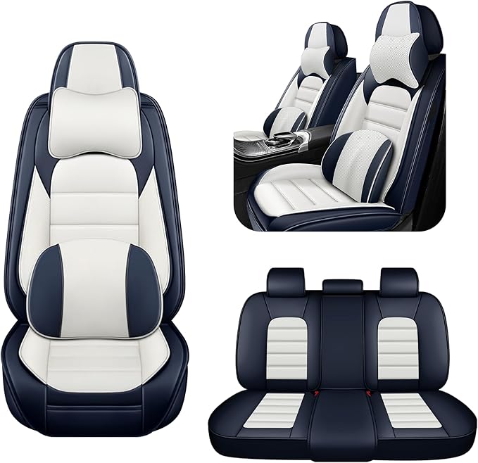 AREKA 5 Car Seat Covers for Honda Accord 2003-2026 Breathable Leather,Waterproof Car Seat Protectors with Comfort Headrest Pillows,Automotive Vehicle Cushion with Storage Pockets (Luxury,Blue)