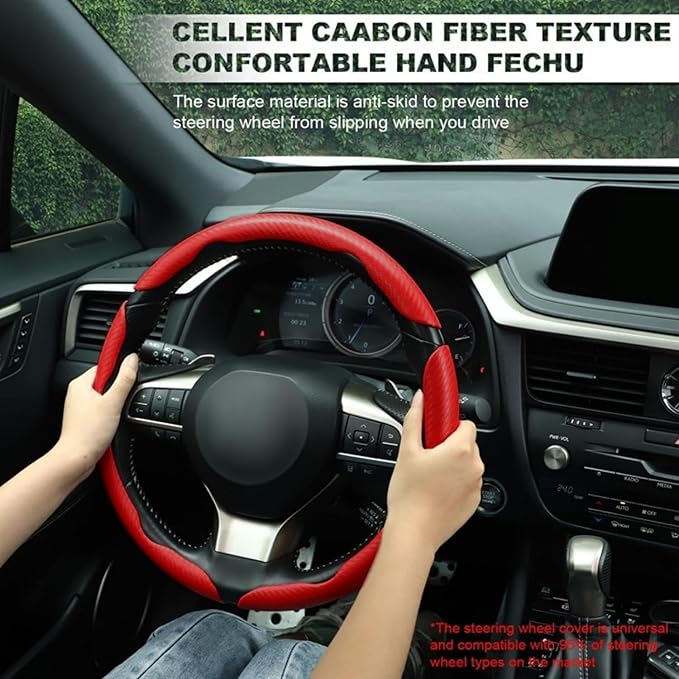 3pcs Carbon Fiber Car Steering Wheel Cover, Segmented Anti-Skid Steering Wheel Protector, Universal 99% Steering Wheel, Butterfly Steering Wheel Cover Women Men, Car Accessories Interior (Red)