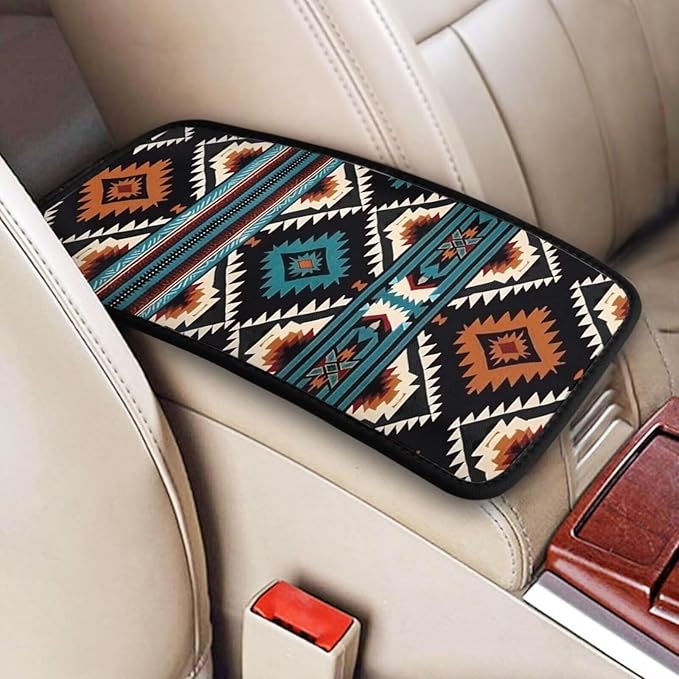 Aztec Car Center Console Pad Boho Native American Armrest Cover Cushion Southwestern Western Auto Interior Accessories Turquoise Blue Anti-Scratch Armrest Seat Box Lid Covers