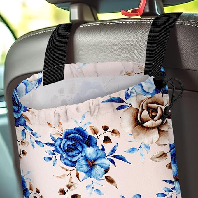 GEGEPINK Car Trash Bag Hanging Back of Seat Waterproof Small Cute Printed One-Handed Strap Drawstring Garbage Bags for Car-Blue Rose