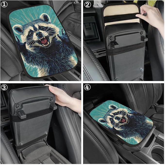 Funny Raccoon Center Console Cover Pad Car Blue Armrest Box Mat Truck Comfort Memory Foam Arm Rest Cushion Car Accessories Universal Fit 13x8 Inch