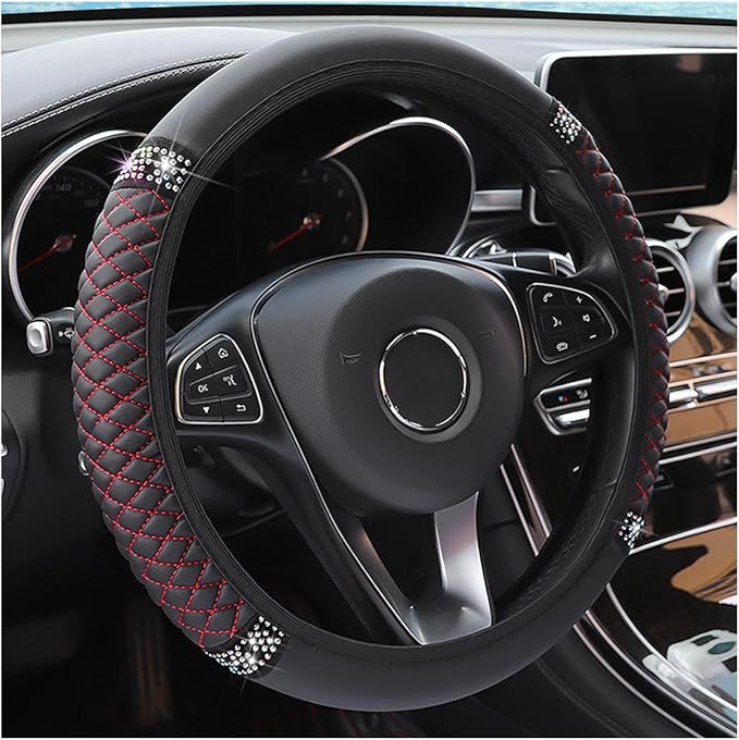 Bling Soft Leather Steering Wheel Cover, 15 Inch Colorful Rhinestones Auto Elastic Steering Wheel Protector, Sparkly Crystal Diamond for Women Girls, Car Accessories for Most Cars (Black/Red)