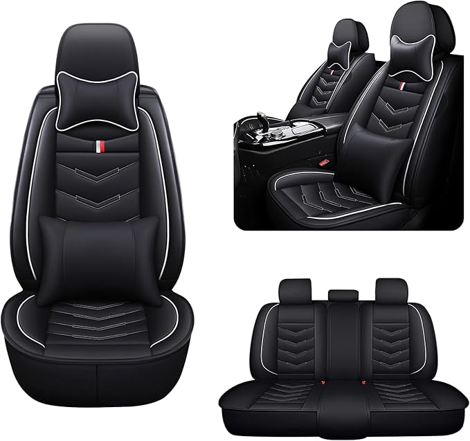 MVRVMV 5 Car Seat Covers for Ford F-250 2010-2026, Wear-Resistant & Anti-Slip Leather Seat Protectors with 2* Neck Pillow and 2* Lumbar Support (5 Seat Luxury, Black-White)