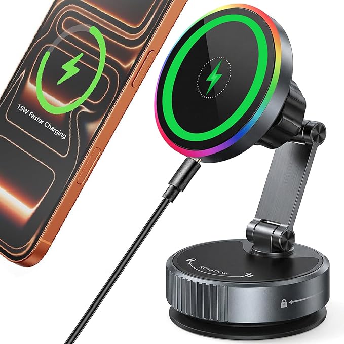 Wireless Car Mount Charger for MagSafe [15W Faster Charging, 120+LBS Suction & 2800gf Strongest Magnetic, RGB Lighting] 360° Adjustable Vacuum Phone Holders for Your Car Charger for iPhone