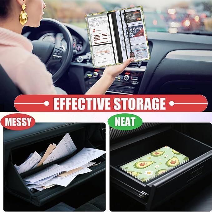 Car Registration and Insurance Card Holder for Women Men, Waterproof PU Leather Glove Box Car Organizer with Magnetic Shut, Vehicle Document Holder for Driver License,Cards, Cute Avocado Pattern