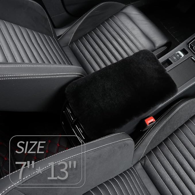 IRIWOOL Sheepskin Armrest Cover Auto Center Armrest Cover Car Soft Console Pad, Fluffy Wool Auto Center Console Cover for Most Car Arm Rest Decoration Protector 7 x 13 Inch (Shearling, Black)