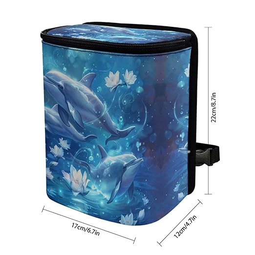 DISNIMO Floral Dolphin Car Trash Can with Lid Leakproof Dustbin Vehicle Trash Bin, Portable Garbage Bin for Automotive Car, Home, Office, Kitchen, Bedroom