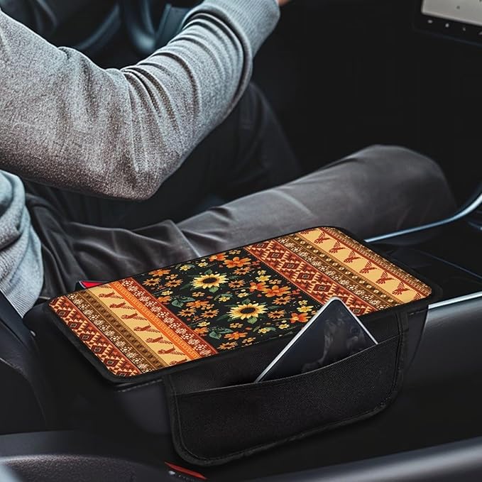 Dreaweet Sunflower Aztec Print Center Console Cover for Car with Storage Pockets,Universal Arm Rest Cover for Car SUV Truck,Car Armrest Cover Center Console