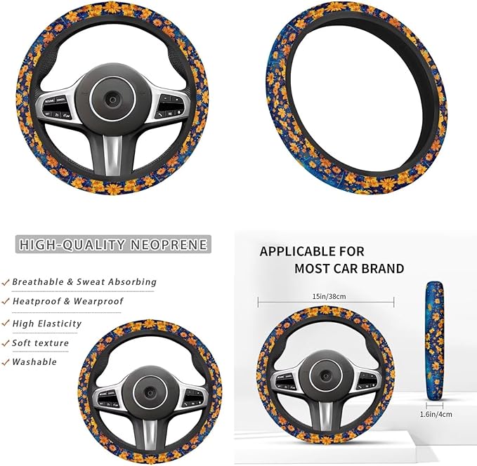Daisy Print Car 6 PCS Set Steering Wheel Cover Women Yellow Daisy Handbrake Gear Cover Car Interior Accessories for Men Women