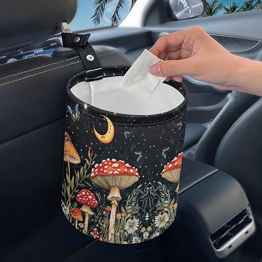 Moon Mushroom Car Trash Storage Box Collapsible Small Car Waste Basket Bin Compact Universal Strap Attach to Auto Garbage Holder Travel Accessories
