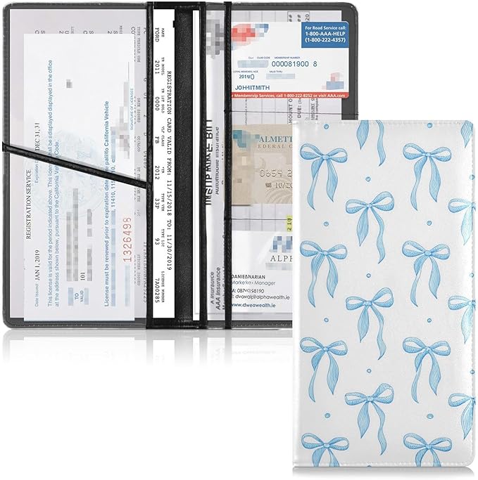 JUZIHAI Blue Ribbon Bow Car Registration and Insurance Holder Glove Box Organizer Leather Vehicle Essential Document Card Wallet Accessories Case
