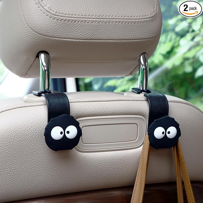 Cute Soot Sprite Car Seat Headrest Hooks, 2 Pack 360° Rotation Kawaii Car Accessories, 44LBS Heavy Duty Universal Car Purse Hook for Bags Coats, Black Cartoon Vehicle Holder (Sprite-Eyes)